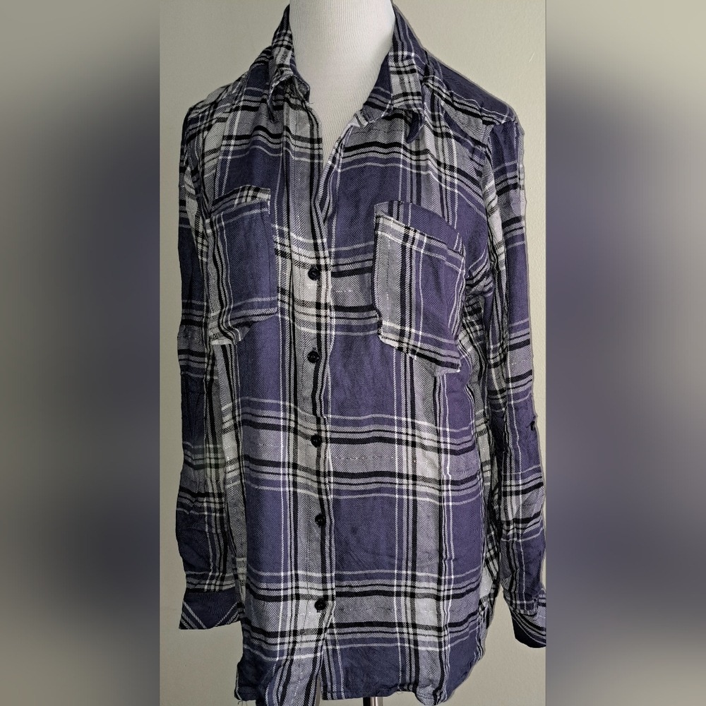 KUT from the Kloth Blue Plaid Metallic Shimmer Button Down Shirt Large - Picture 3 of 7